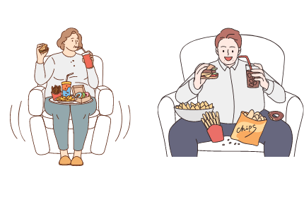 Man and woman eating and drinking junk foods and sugary drinks