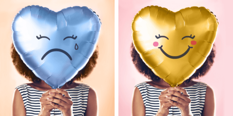 Change from feeling stressed ballon head to happy balloon head